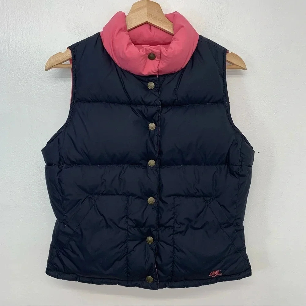 Polo Jeans Nylon Puffer Down Vest Reversible Woman Small Blue Pink Snap Pockets